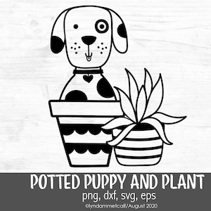 Welpe mit Pflanze SVG, Welpe svg, Topfpflanze SVG, Hund svg