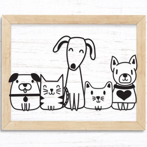 May include: Black and white line art illustration of a dog, cat, and two other dogs. The animals are all sitting down and looking at the viewer. The illustration is in a simple, cartoon style.
