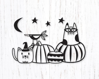 Archivo SVG de gatos de Halloween con calabazas para Cricut. Gato con una calabaza en forma de linterna. Gato bruja en forma de bruja. Gatos de otoño en forma de calabaza. Gato de Halloween en forma de calabaza para camisetas.
