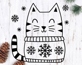 Winter Cat svg, Christmas Cat svg, Cat in Sweater png, Cat svg, Snowflake svg, Cat svg Cut File for Shirts, Cat svg for Ornament