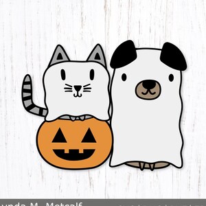 Geister Hund und Katze. Halloween Hund SVG. Halloween Katze SVG. Niedliche Halloween Haustiere geschichtet SVG. Niedliches Gespenst Clipart. Gruseliger Hund und Katze