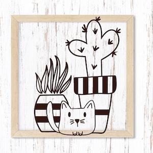 Diseño svg de gato y planta. Gatito con cactus Png clipart. Gatito kawaii eps dxf. Imágenes prediseñadas vectoriales de plantas domésticas de línea negra simple. Archivo de corte de gato