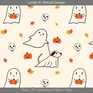 Puede incluir: Patrón de Halloween sin costuras con fantasmas, calabazas, calaveras y hojas de otoño sobre un fondo crema. Un fantasma pasea a un perro disfrazado de fantasma. El texto "Lynda M. Metcalf Design" y "PNG | JPG Seamless Pattern Files" son visibles.