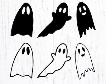 Può includere: Una collezione di sei illustrazioni di fantasmi in bianco e nero. I fantasmi hanno forme semplici e arrotondate con occhi ovali e alcuni hanno facce sorridenti. Il design include il testo "Lynda M. Metcalf SVG Design" e le opzioni del tipo di file.