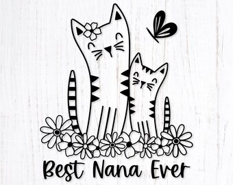 Best Nana Mother's Day Svg. Grandma Cat and Kitten SVG File for Cricut. Flower Cats Png Clipart. Floral Kitty Eps Vector. Grandmother Svg