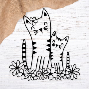 Simple chat et chaton svg. Jardin de fleurs chats clipart png. Fichiers eps dxf de chats floraux. Chaton de fleurs sauvages avec fichier de coupe de chat. Chats de la ligne noire