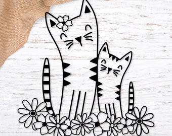 Simple cat and kitten svg. Flower garden cats png clipart. Floral cats eps dxf files. Wildflower kitten with cat cut file. Black line cats