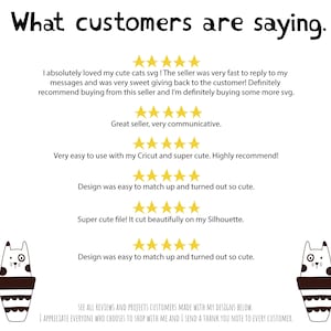 May include: Five-star customer reviews for a digital design product. The reviews highlight the ease of use, cut quality, and overall cuteness of the design. The text includes the phrase "I absolutely loved my cute cats svg!" and "Super cute file! It cut beautifully on my Silhouette."