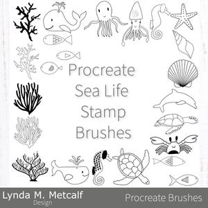 Procreate Sea Life Stamp Brushes. Procreate Whales and Fish Stamp Brushes. Sea Shells and Coral Line Drawing Stamp Brushes for Procreate.