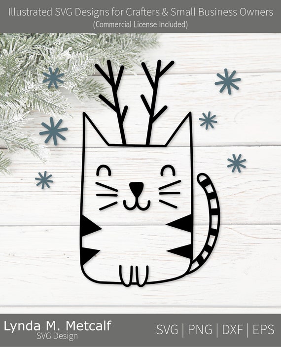 Reindeer Cat Svg. Christmas Cat Png Clipart. Holiday Kitty Eps Vector. Winter Cat Dxf. Simple Line Cat Vinyl Svg. Hand Drawn Cat Cut File