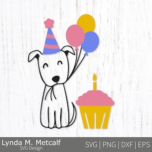 Chien et petit gâteau d'anniversaire Svg. Clipart PNG de pit-bull avec des ballons. Design Party Puppy en vinyle pour chemise enfant. Joyeux anniversaire Pittie vecteur Eps.