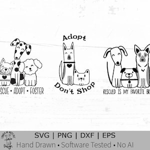 Könnte beinhalten: Drei schwarz-weiße grafische Illustrationen von Hunden und Katzen. Die erste zeigt drei Hunde mit dem Text "RESCUE • ADOPT • FOSTER". Die zweite zeigt einen Hund und eine Katze mit "Adopt Don't Shop". Die dritte zeigt drei Hunde mit "RESCUED IS MY FAVORITE BREED".
