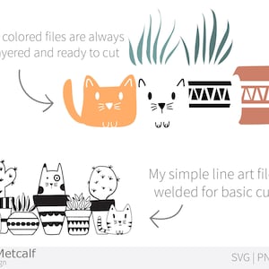 May include: Two illustrations showing the difference between layered and welded SVG files. The first image shows a cat with a pot on its head, with the text "My coloured files are always layered and ready to cut". The second image shows a cat with a cactus, with the text "My simple line art files are welded for basic cutting".