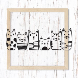 Puede incluir: Un conjunto de siete ilustraciones de gatos en blanco y negro con diferentes patrones y diseños. Los gatos están dispuestos en fila y miran hacia adelante. Las ilustraciones están en un estilo simple y de dibujos animados.