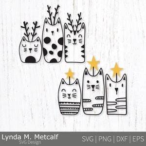 Rentier-Katzen-Svg. Katzen mit Sternen svg. Frohe Weihnachten Katzen svg. Süße Katzen Doodles. Einfache Linie Merry Cats