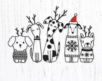 Peut inclure: Cinq chiens de dessin animé en noir et blanc portant des pulls de Noël et des bois de cerf. Les chiens sont de races et de tailles différentes. Le chien tout à gauche porte un pull rouge et blanc avec un motif de flocon de neige. Le chien au milieu porte un pull rouge et blanc avec un motif de flocon de neige. Le chien tout à droite porte un pull rouge et blanc avec un motif de flocon de neige. Le chien au milieu porte un pull rouge et blanc avec un motif de flocon de neige. Le chien tout à droite porte un pull rouge et blanc avec un motif de flocon de neige.