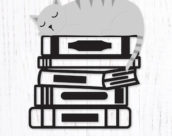 Cat Books svg. Sleeping Kitty and Books Png Clipart. Gift for Reader Dxf. Bookworm Eps Vector. Book Lover cut file. Bookish svg. Library svg
