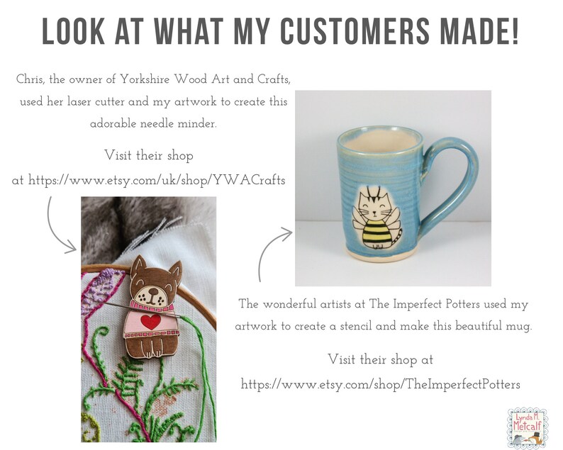Puede incluir: Dos art&iacute;culos hechos a mano creados por propietarios de tiendas Etsy utilizando ilustraciones del artista. Un protector de agujas de madera con forma de gato que lleva un su&eacute;ter rosa y una taza de cer&aacute;mica azul con un dise&ntilde;o de gato con tem&aacute;tica de abejas.
