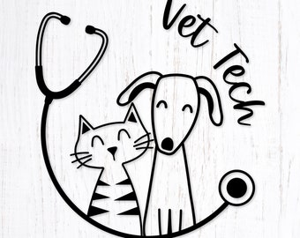 May include: Black and white line art illustration of a cat and dog with a stethoscope around them. The text "Vet Tech" is written in a cursive font above the animals.