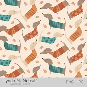 May include: A seamless pattern with cartoon dachshunds wearing sweaters in shades of orange, teal, and brown. The dogs are smiling, set against a cream backdrop with leaf shapes. Designed by Lynda M. Metcalf.