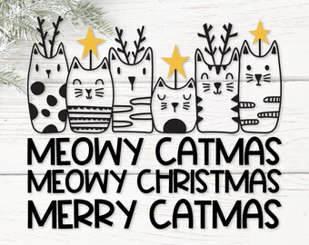Mjau Catmas Svg. Mjau Jul Png. Merry Catmas Dxf. God Jul Katter Eps. Söt Doodle Julkatter Clipart. Enkla Linjerade Merry Cats