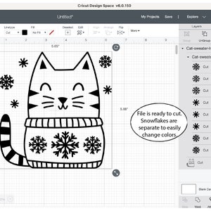 Puede incluir: Ilustraci&oacute;n digital en blanco y negro de un gato con un su&eacute;ter con copos de nieve. El texto "File is ready to cut. Snowflakes are separate to easily change colors." est&aacute; en un c&iacute;rculo blanco.