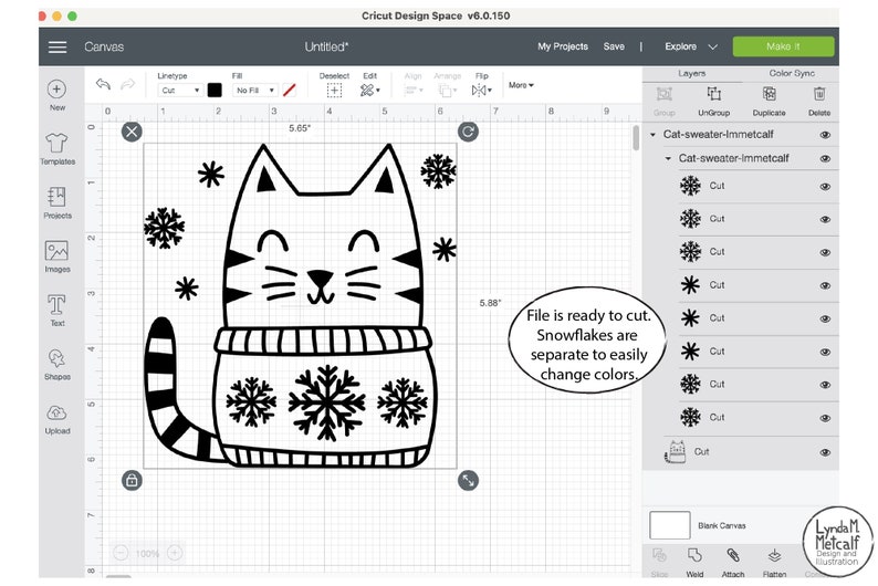 Puede incluir: Ilustraci&oacute;n digital en blanco y negro de un gato con un su&eacute;ter con copos de nieve. El texto "File is ready to cut. Snowflakes are separate to easily change colors." est&aacute; en un c&iacute;rculo blanco.
