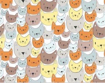 May include: Seamless pattern featuring a repeating design of stylized cat faces in various colors, including gray, orange, yellow, and brown, on a white background. The pattern includes the text "Lynda M. Metcalf Seamless Pattern".