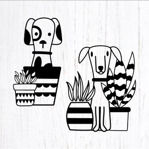 Hunde mit Pflanzen ausgeschnittene Datei. Süßer Welpe Png Clipart. Topfpflanzen Dxf. Gefleckter Hund Eps Vektor. Niedliche Hunde und Pflanzen Liebhaber svgs