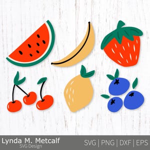Bundle de fruits Svg. Cerises, fraises, pastèques, citrons, myrtilles, bananes png et dessins Svg.