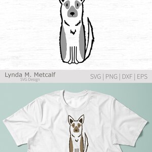 Puede incluir: Un dibujo en blanco y negro de un perro sentado con la cola enroscada. El perro tiene un pelaje gris y blanco y ojos negros.