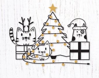 Gatos de Navidad SVG, Navidad svg, Gatos svg, Imágenes Prediseñadas de gatos de Navidad, Gato con gorro de Papá Noel, Gato y luces de Navidad SVG