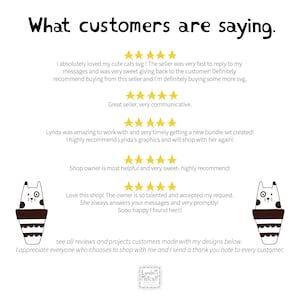 May include: A collage of customer reviews and testimonials for a shop selling digital designs. The reviews are positive and include five-star ratings. The text includes phrases like "amazing to work with", "highly recommend", "talented", and "very sweet". The shop owner's name is Lynda M. Metcalf.
