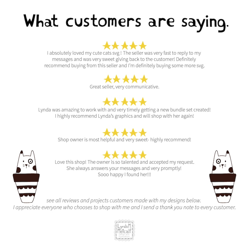 May include: A collage of customer reviews and testimonials for a shop selling digital designs. The reviews are positive and include five-star ratings. The text includes phrases like "amazing to work with", "highly recommend", "talented", and "very sweet". The shop owner's name is Lynda M. Metcalf.