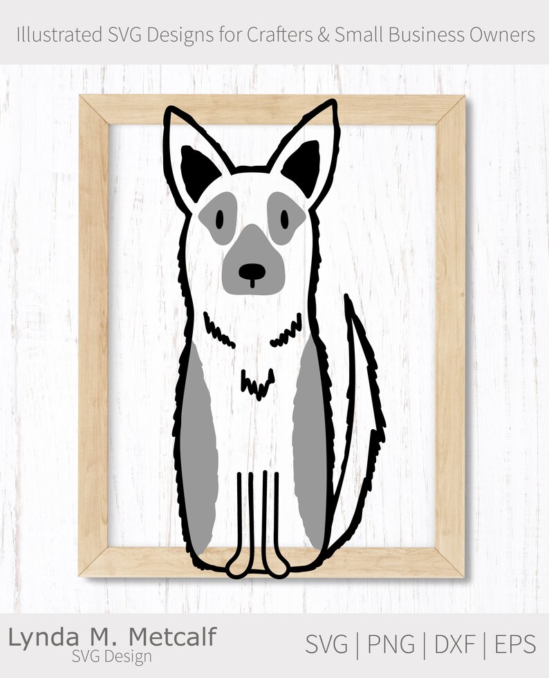 Puede incluir: Ilustraci&oacute;n en blanco y negro de un perro sentado, realizado con l&iacute;neas. El perro tiene manchas grises en su cuerpo. La ilustraci&oacute;n est&aacute; enmarcada en un marco de madera.