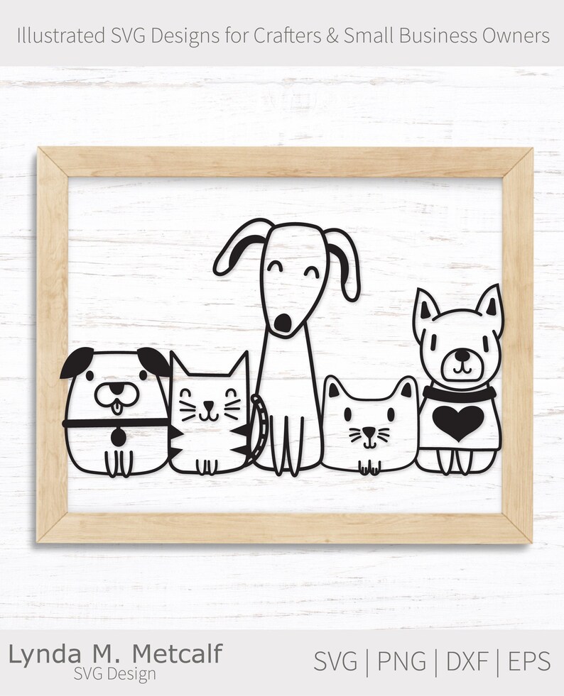 May include: Black and white line art illustration of a dog, cat, and two other dogs. The animals are all sitting down and looking at the viewer. The illustration is in a simple, cartoon style.