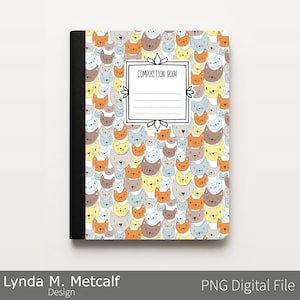 May include: Composition book with a black spine and a cover featuring a repeating pattern of cartoon cat faces in various colors, including orange, gray, and yellow. The cover has a white label that says "COMPOSITION BOOK".