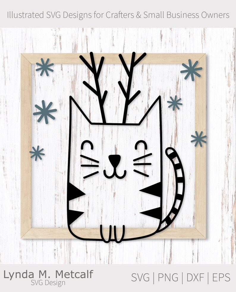 May include: A black and white illustration of a cat with antlers. The cat is sitting with its paws tucked under its body. The background is a light blue with snowflakes.