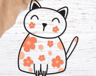 Kawaii flower cat svg design. Fat cat floral png clipart. Happy cat layered cut file. Flower kitty dxf eps file. Cute kitten vector clip art