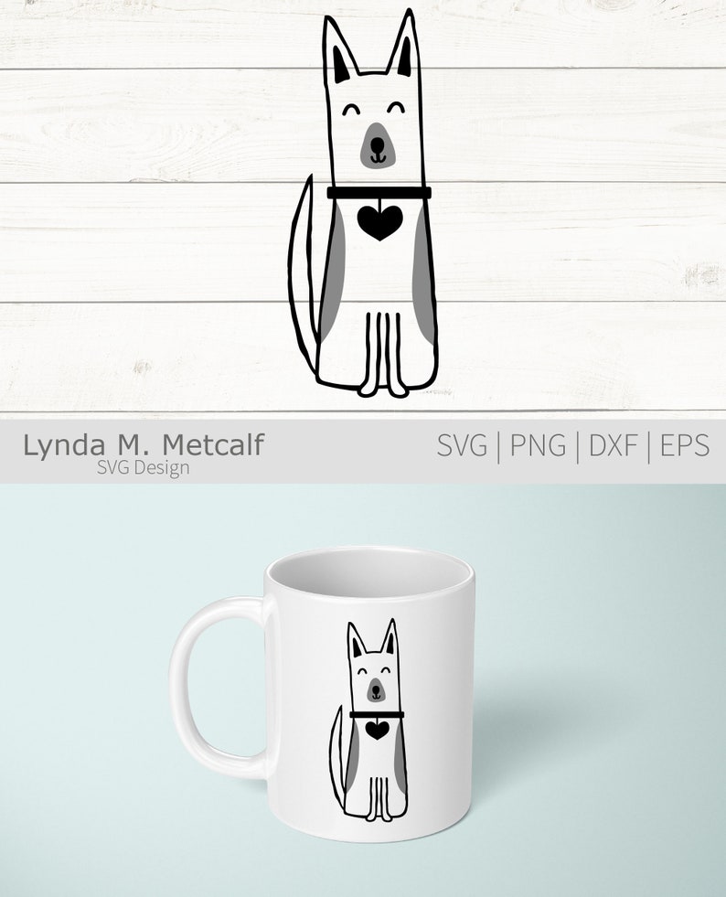 Peut inclure: Illustration en noir et blanc d'un chien portant un collier avec un c&oelig;ur. Le chien est assis les pattes crois&eacute;es et a une expression joyeuse sur son visage.