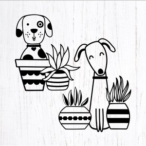 Hunde mit Pflanzen ausgeschnittene Datei. Süßer Welpe Png Clipart. Topfpflanzen Dxf. Gefleckter Hund Eps Vektor. Niedliche Hunde und Pflanzen Liebhaber svgs
