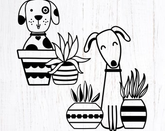 Chiens avec des plantes Svg coupe fichier. Mignon Chiot Png Clipart. Plantes en pot Dxf. Vecteur EPS de chien tacheté. Svgs mignons amoureux des chiens et des plantes