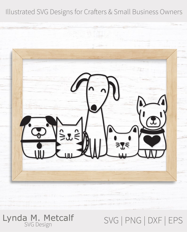 Op de afbeelding: Zwart-witte lijntekening van een hond, een kat en twee andere honden. De dieren zitten allemaal en kijken naar de kijker. De illustratie is op een witte achtergrond.