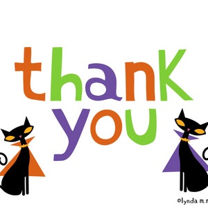 Puede incluir: Tarjeta de agradecimiento con un gato negro con una capa morada y un gato negro con una capa naranja. El texto "Gracias" est&aacute; en letras grandes y coloridas.