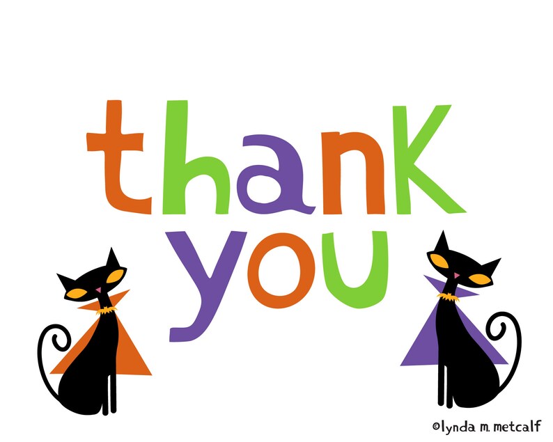 Puede incluir: Tarjeta de agradecimiento con un gato negro con una capa morada y un gato negro con una capa naranja. El texto "Gracias" est&aacute; en letras grandes y coloridas.