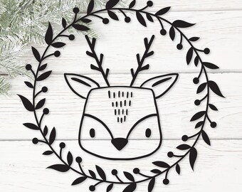 Christmas Reindeer Wreath Svg. Holiday Reindeer Png Clipart. Doodle Reindeer Dxf. Simple Reindeer Eps Vector. Cute Christmas Svg for Kids