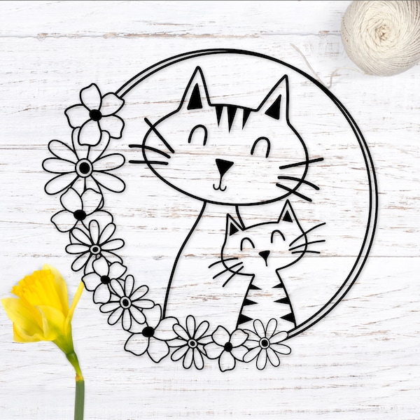 Mother's Day svg. Cat Mom and Kitten. Flower Frame Svg Cut File. Floral Frame Svg. Mother's Day Svg for Shirts. Mother's Day Svg for Mugs