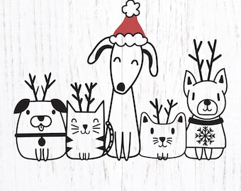 Christmas Reindeer Pets Svg. Holiday Cats and Dogs Png for DTF and Sublimation.