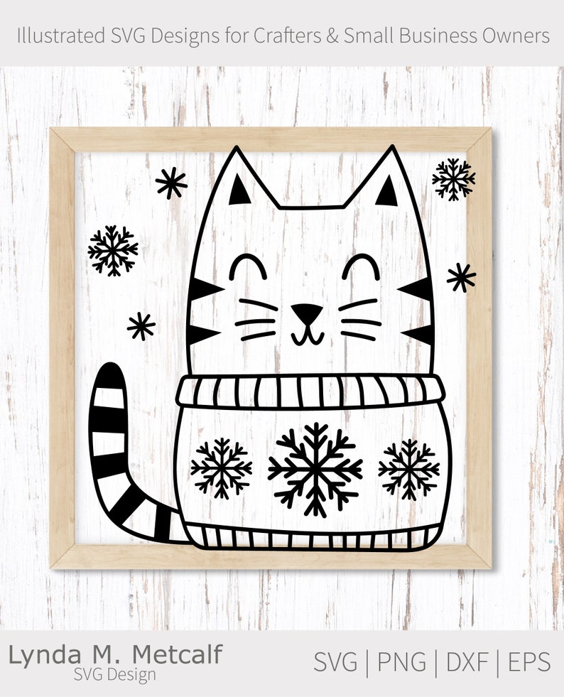 Puede incluir: Ilustraci&oacute;n en blanco y negro de un gato con un su&eacute;ter con copos de nieve. El gato sonr&iacute;e y tiene una cola rayada.
