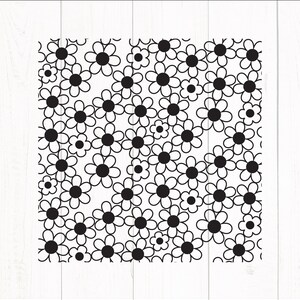 May include: Black and white digital design featuring a repeating pattern of stylized daisies. The design is perfect for crafting projects, such as creating greeting cards, scrapbooking, or decorating home decor.